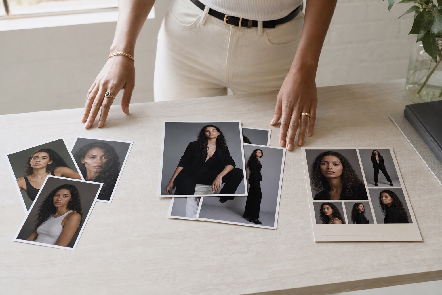 A clean comparison of natural digitals, styled portfolio prints and a finished comp card on a review table