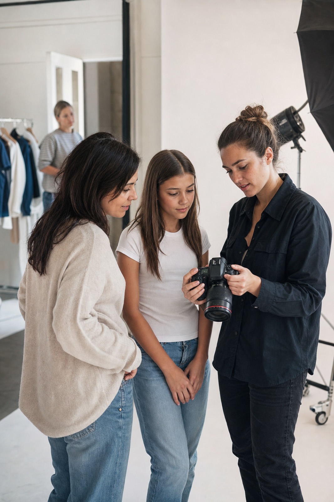 Ein Teen-Model prüft einen beaufsichtigten test shoot mit Elternteil und Fotografin
